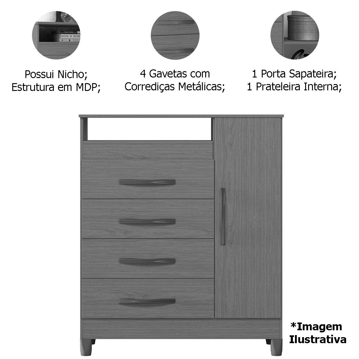 Cômoda Sapateira 4 Gavetas 1 Porta Nicho Duquesa Freijó/Titanium
