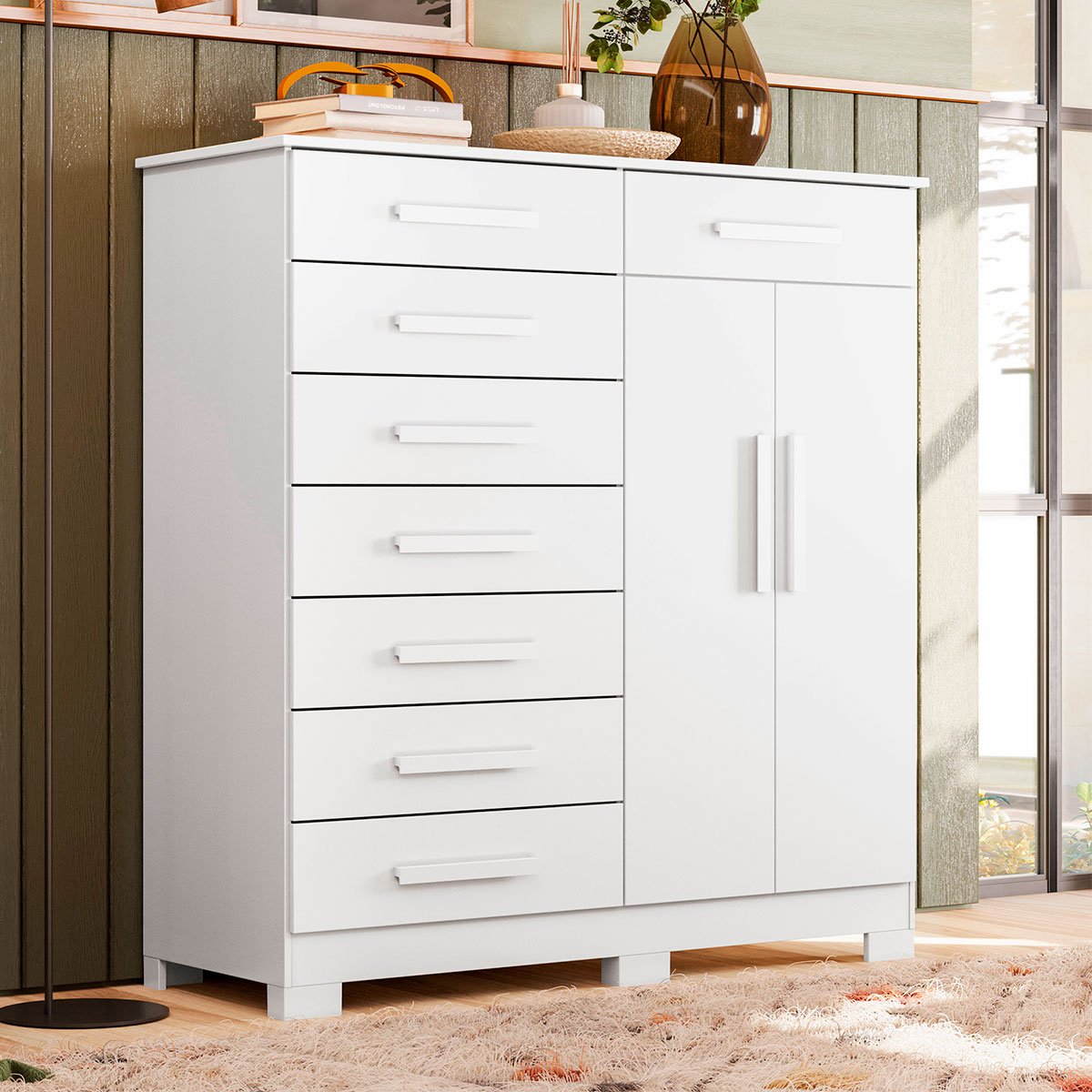 Cômoda Sapateira Alta Julieta 8 Gavetas 2 Portas Branco