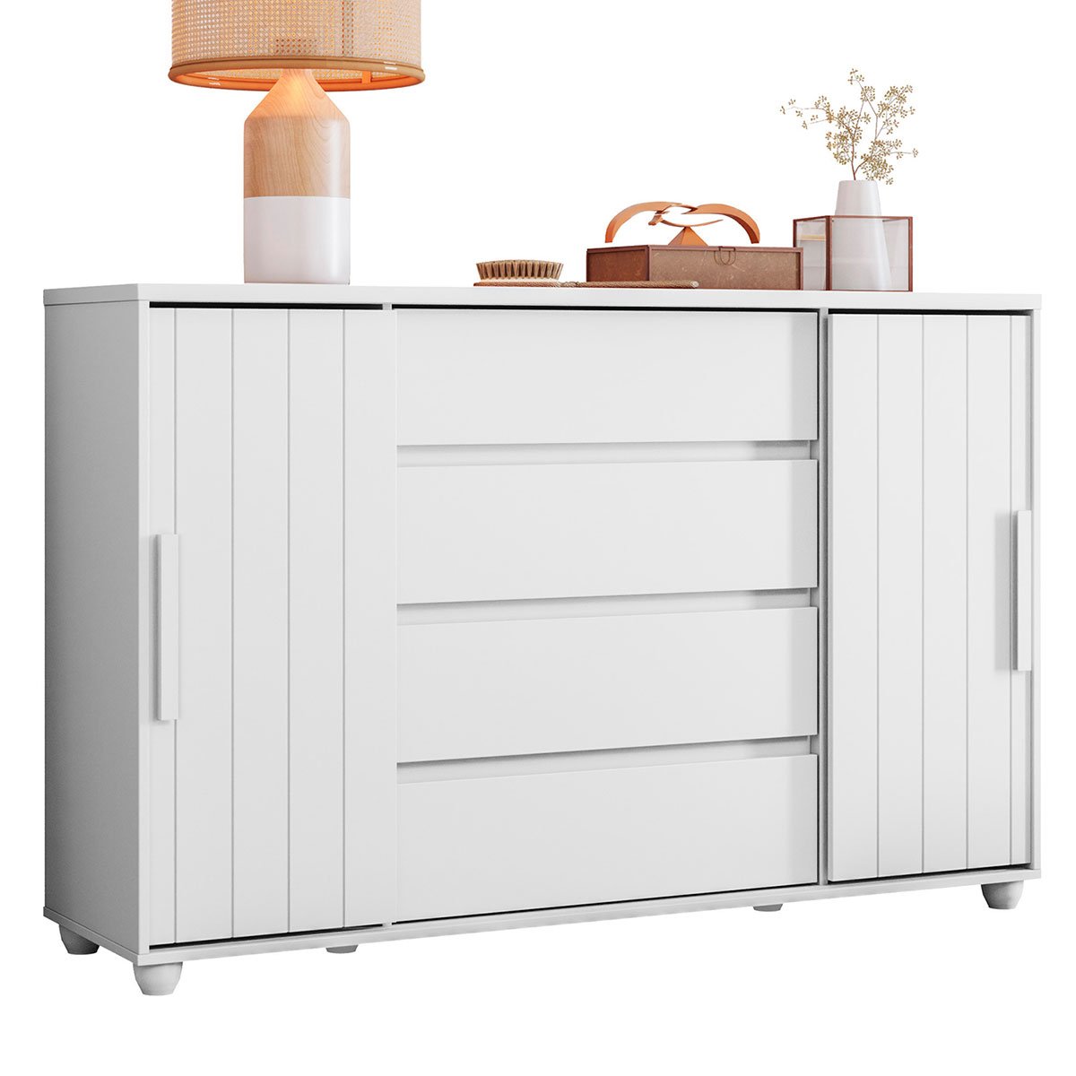 Cômoda Sapateira Grande 4 Gavetas 2 Portas Flex Evidência Branco/Freijó