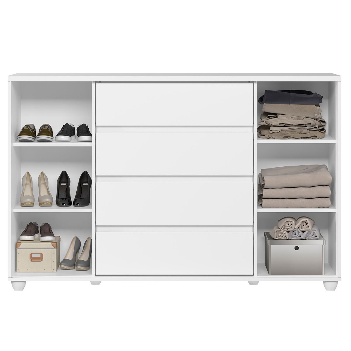 Cômoda Sapateira Grande 4 Gavetas 2 Portas Flex Evidência Branco/Freijó