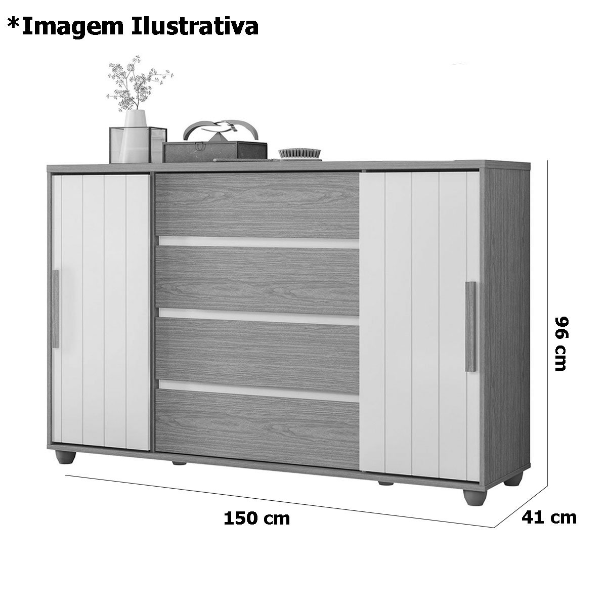 Cômoda Sapateira Grande 4 Gavetas 2 Portas Flex Evidência Branco/Freijó
