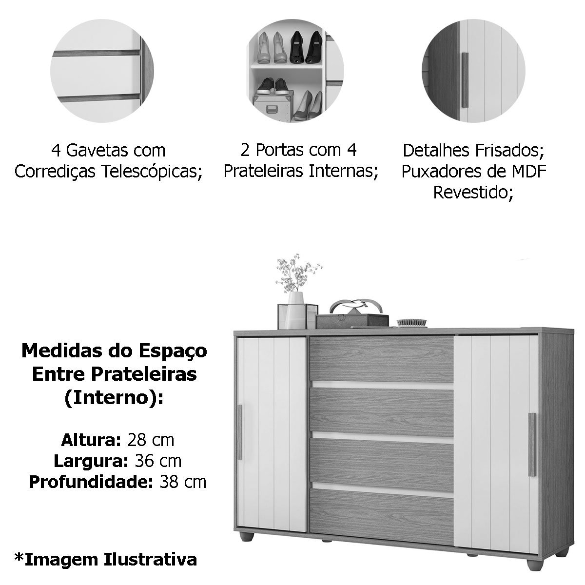 Cômoda Sapateira Grande 4 Gavetas 2 Portas Flex Evidência Freijó/Off White/Titanium