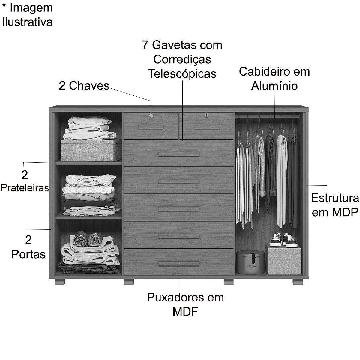 Cômoda Sapateira Grande 7 Gavetas 2 Portas MDP/MDF Santana Branco