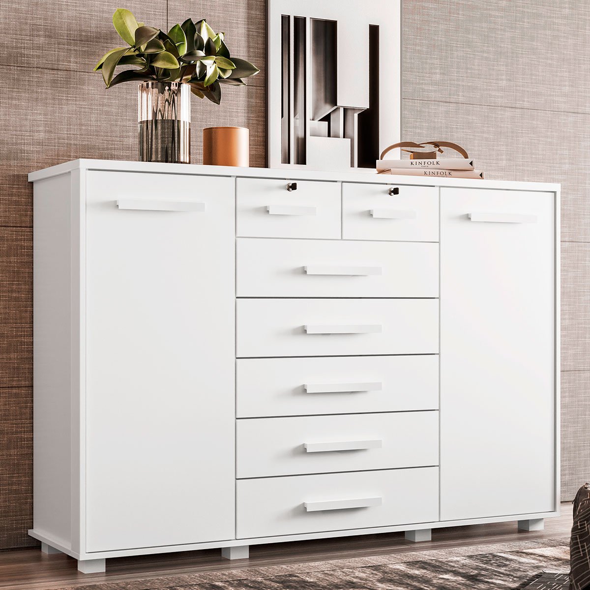 Cômoda Sapateira Grande 7 Gavetas 2 Portas MDP/MDF Santana Branco