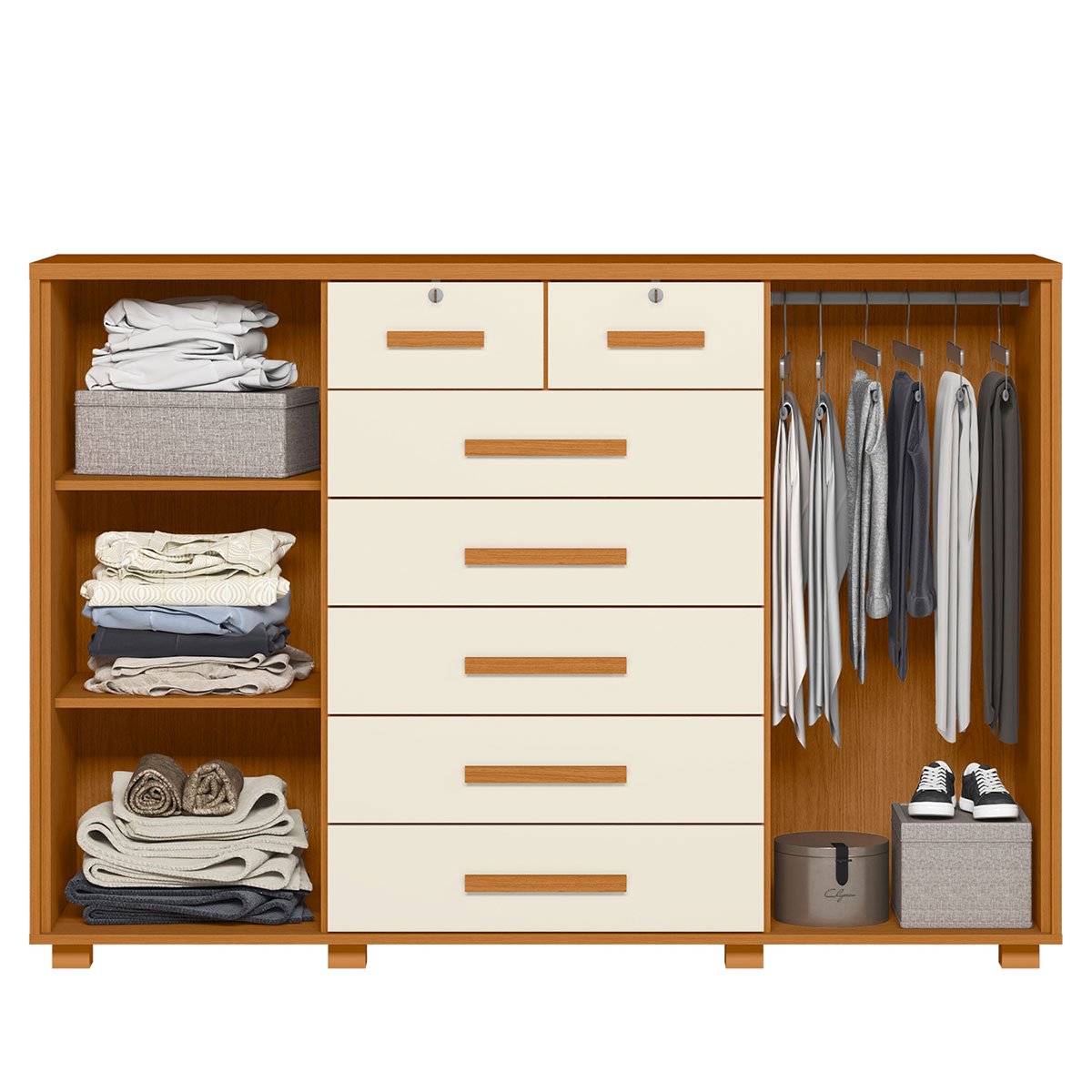 Cômoda Sapateira Grande 7 Gavetas 2 Portas MDP/MDF Santana Cinamomo/Off White