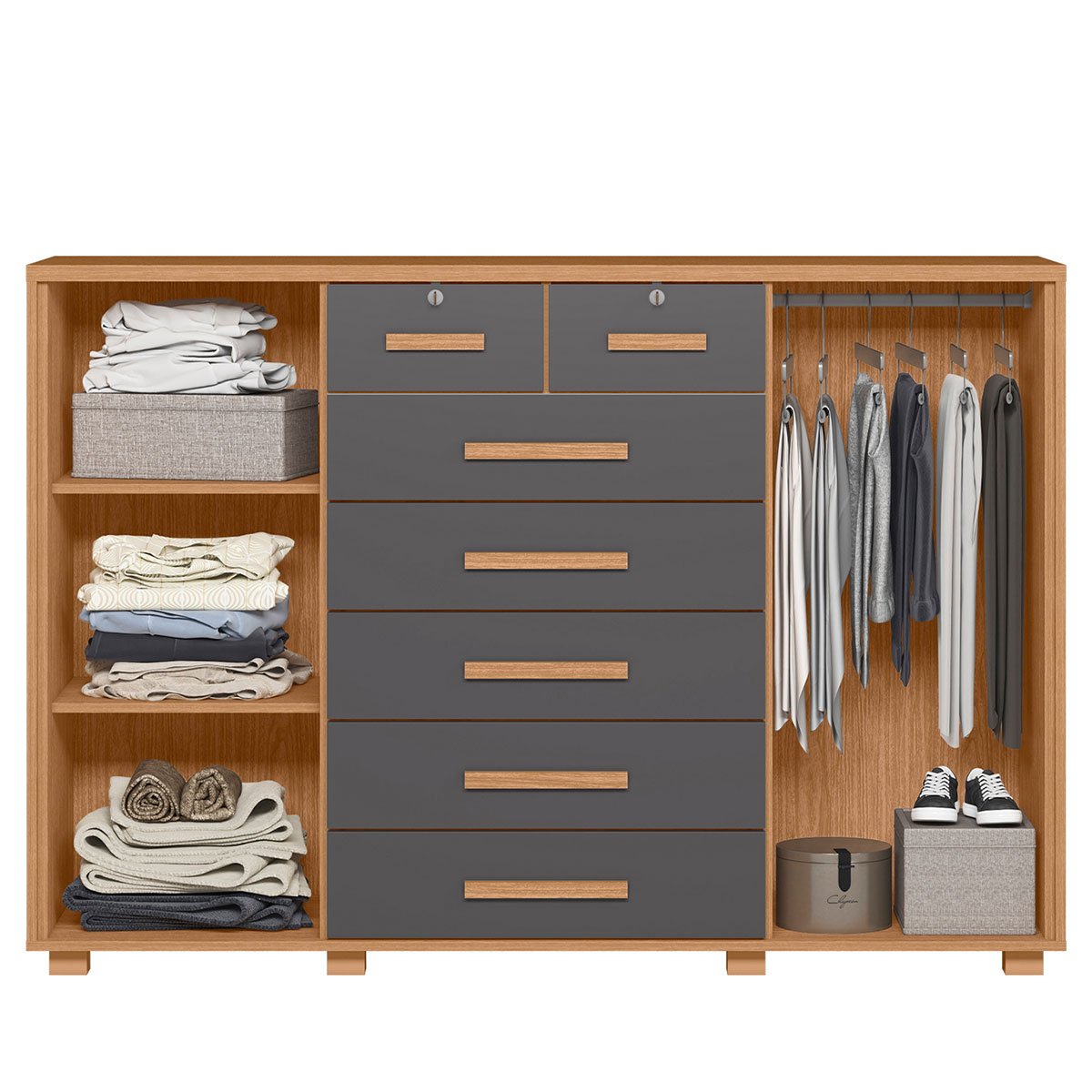 Cômoda Sapateira Grande 7 Gavetas 2 Portas MDP/MDF Santana Freijó/Titanium