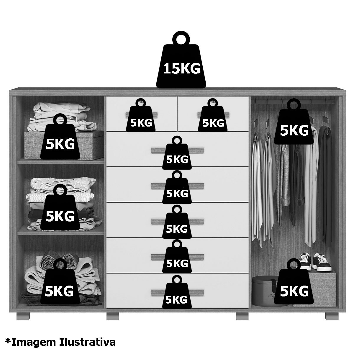 Cômoda Sapateira Grande 7 Gavetas 2 Portas MDP/MDF Santana Freijó/Titanium