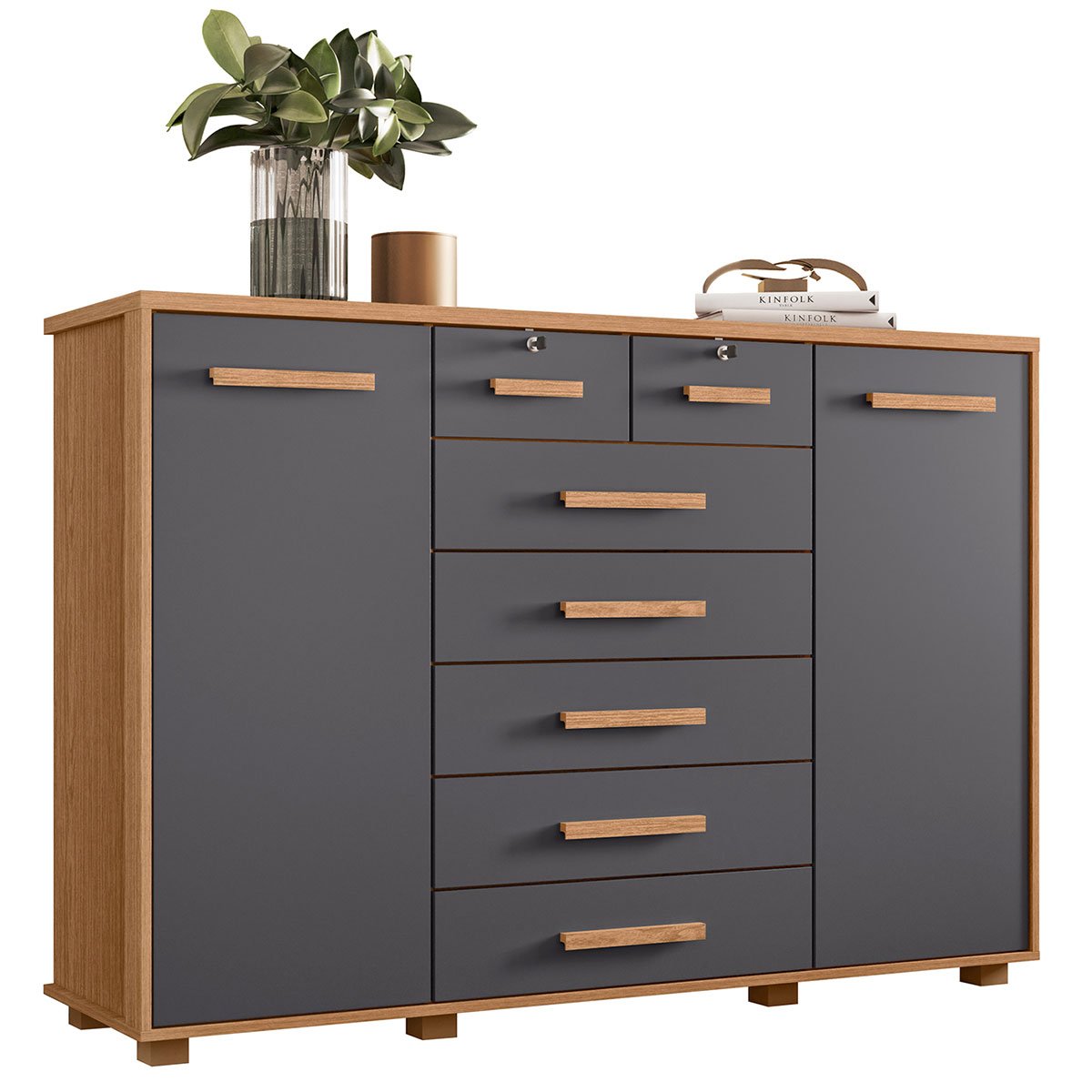 Cômoda Sapateira Grande 7 Gavetas 2 Portas MDP/MDF Santana Freijó/Titanium