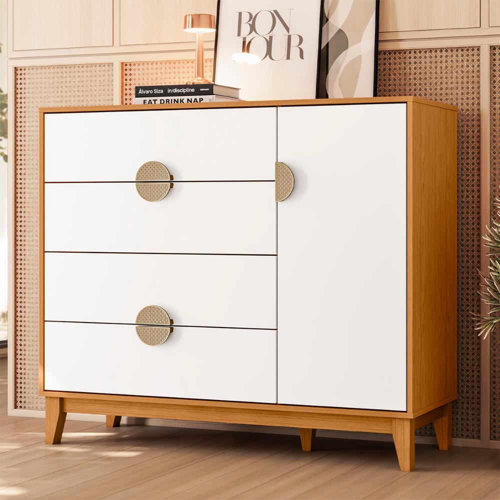 Cômoda Sapateira Ipe Quarto com 4 Gavetas e 1 Porta Cinamomo/Branco