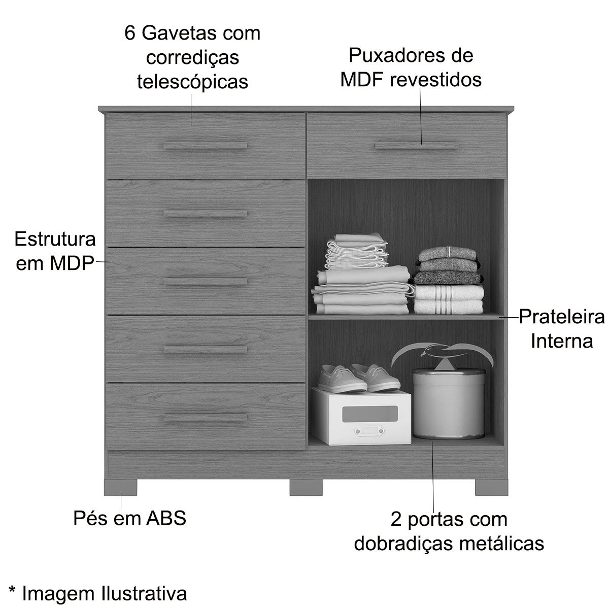 Cômoda Sapateira Mandarim 6 Gavetas 2 Portas MDP Cinamomo