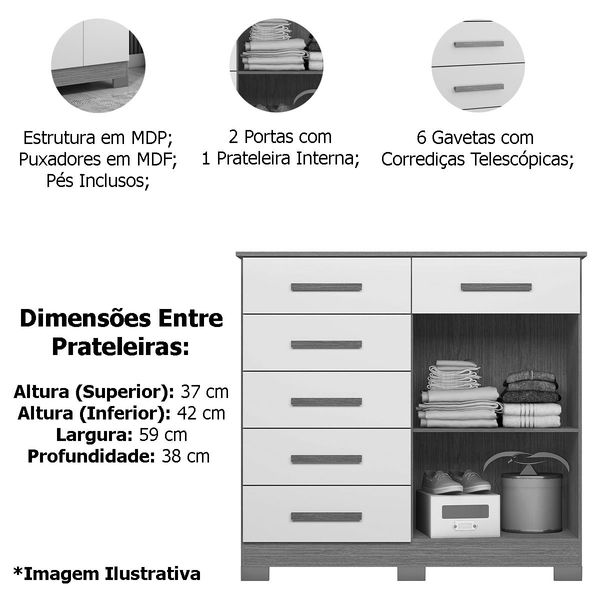 Cômoda Sapateira Mandarim 6 Gavetas 2 Portas MDP Freijó/Titanium