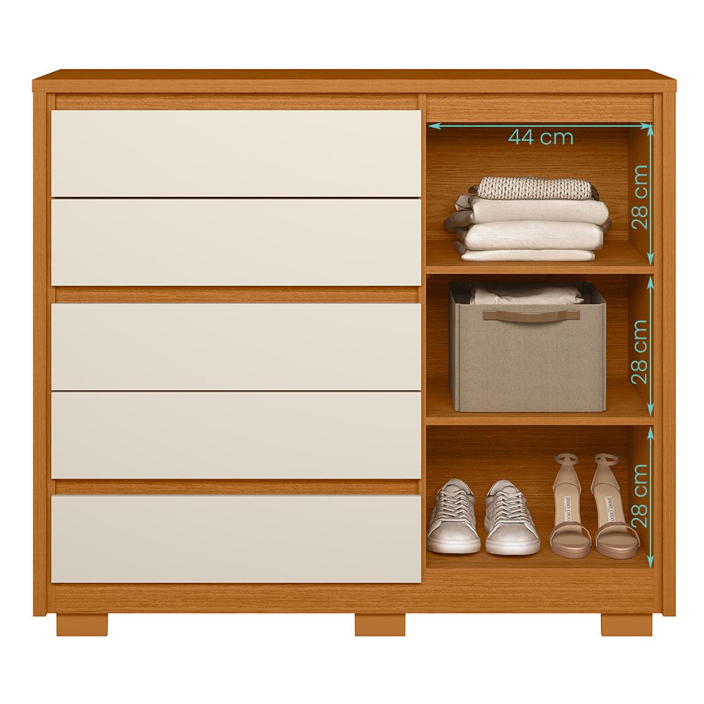 Cômoda Sapateira Quarto Duetto 05 gavetas e 1 Porta Ripada Cinamomo/Off White