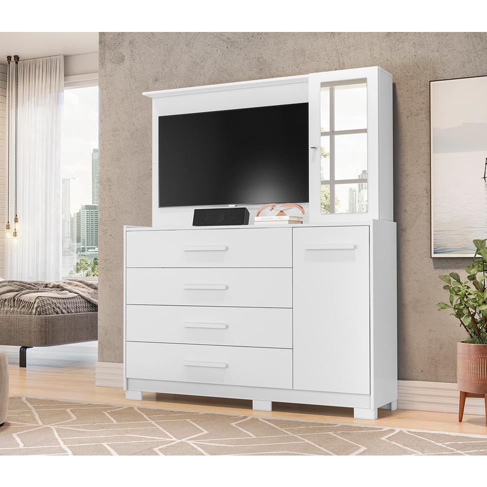 Cômoda com Painel para TV Ilhabela 2 Portas 4 Gavetas Branca