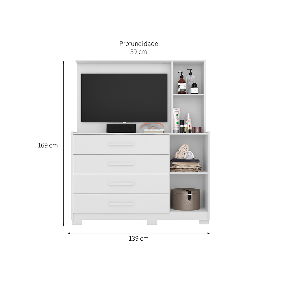Cômoda com Painel para TV Ilhabela 2 Portas 4 Gavetas Branca
