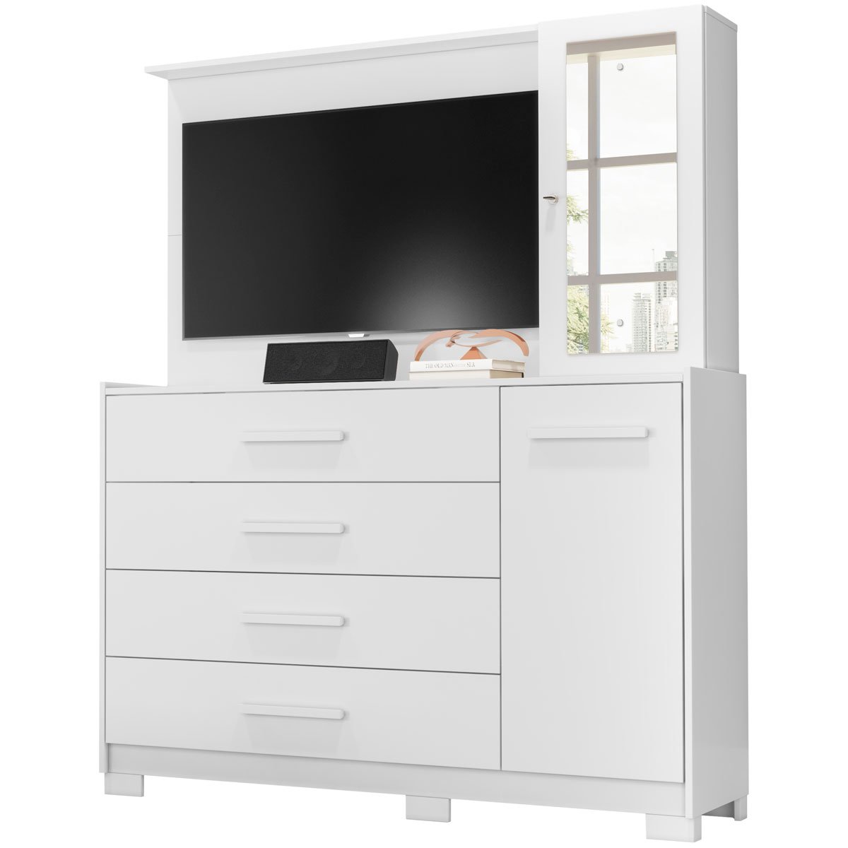 Cômoda com Painel para Tv 43" 4 Gavetas 2 Portas Ilha Bela Branco Fosco Liso