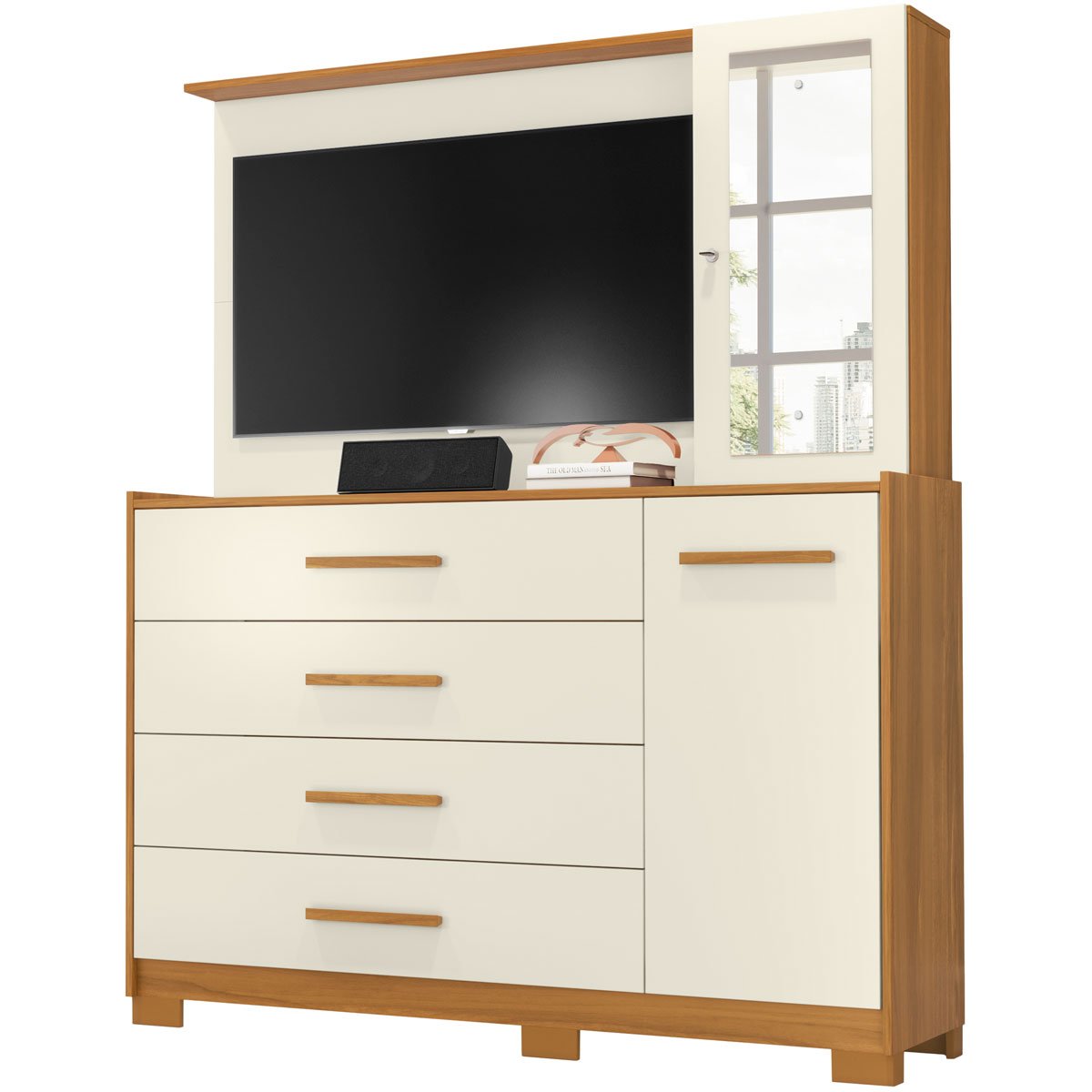 Cômoda com Painel para Tv 43" 4 Gavetas 2 Portas Ilha Bela Carvalho Grife/Off White