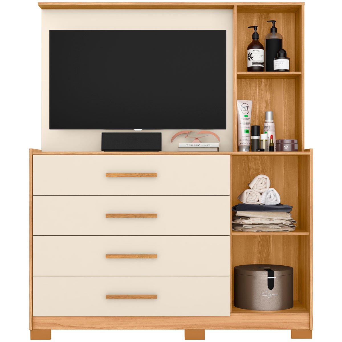 Cômoda com Painel para Tv 43" 4 Gavetas 2 Portas Ilha Bela Carvalho Grife/Off White