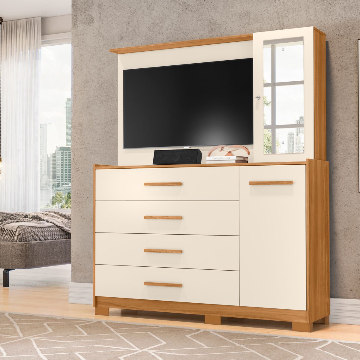 Cômoda com Painel para Tv 43" 4 Gavetas 2 Portas Ilha Bela Carvalho Grife/Off White