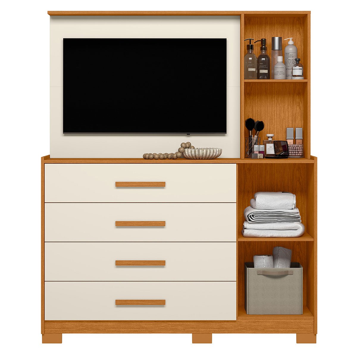 Cômoda com Painel para Tv 43" 4 Gavetas 2 Portas Ilha Bela Cinamomo/Off White