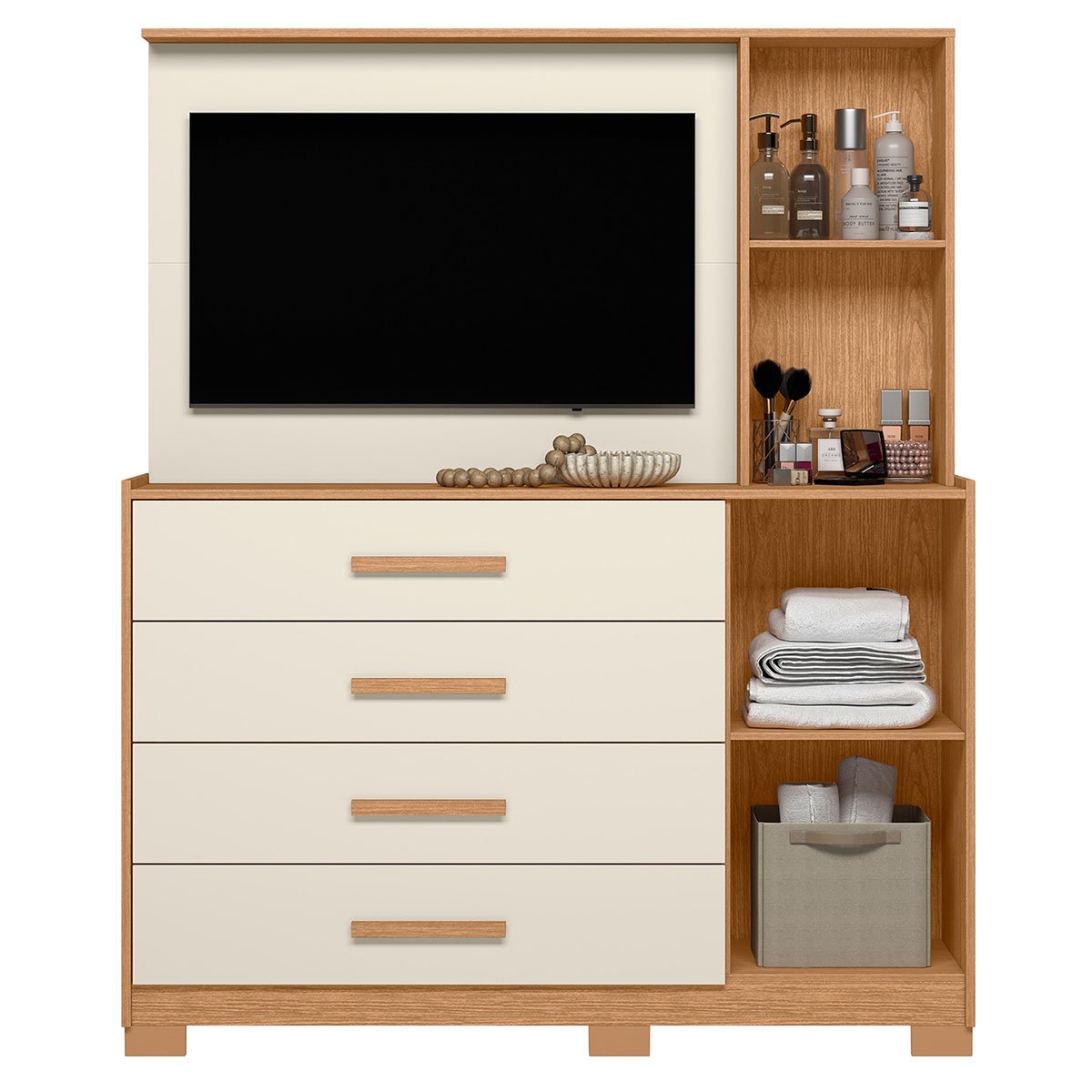 Cômoda com Painel para Tv 43" 4 Gavetas 2 Portas Ilha Bela Freijo/Off White