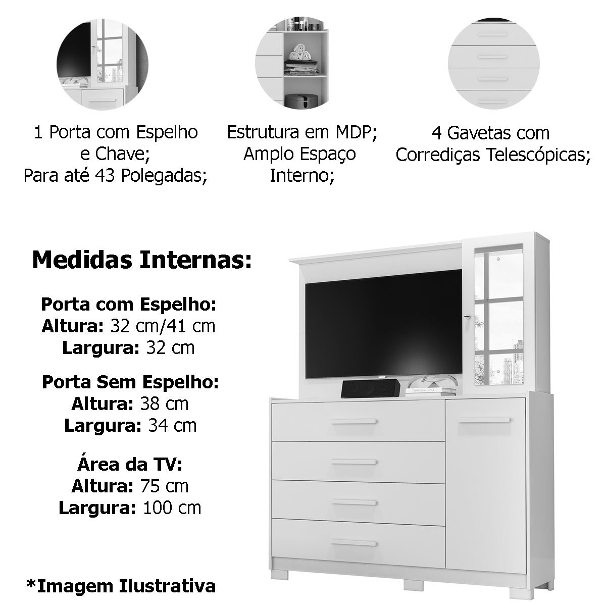Cômoda com Painel para Tv 43" 4 Gavetas 2 Portas Ilha Bela Freijo/Off White