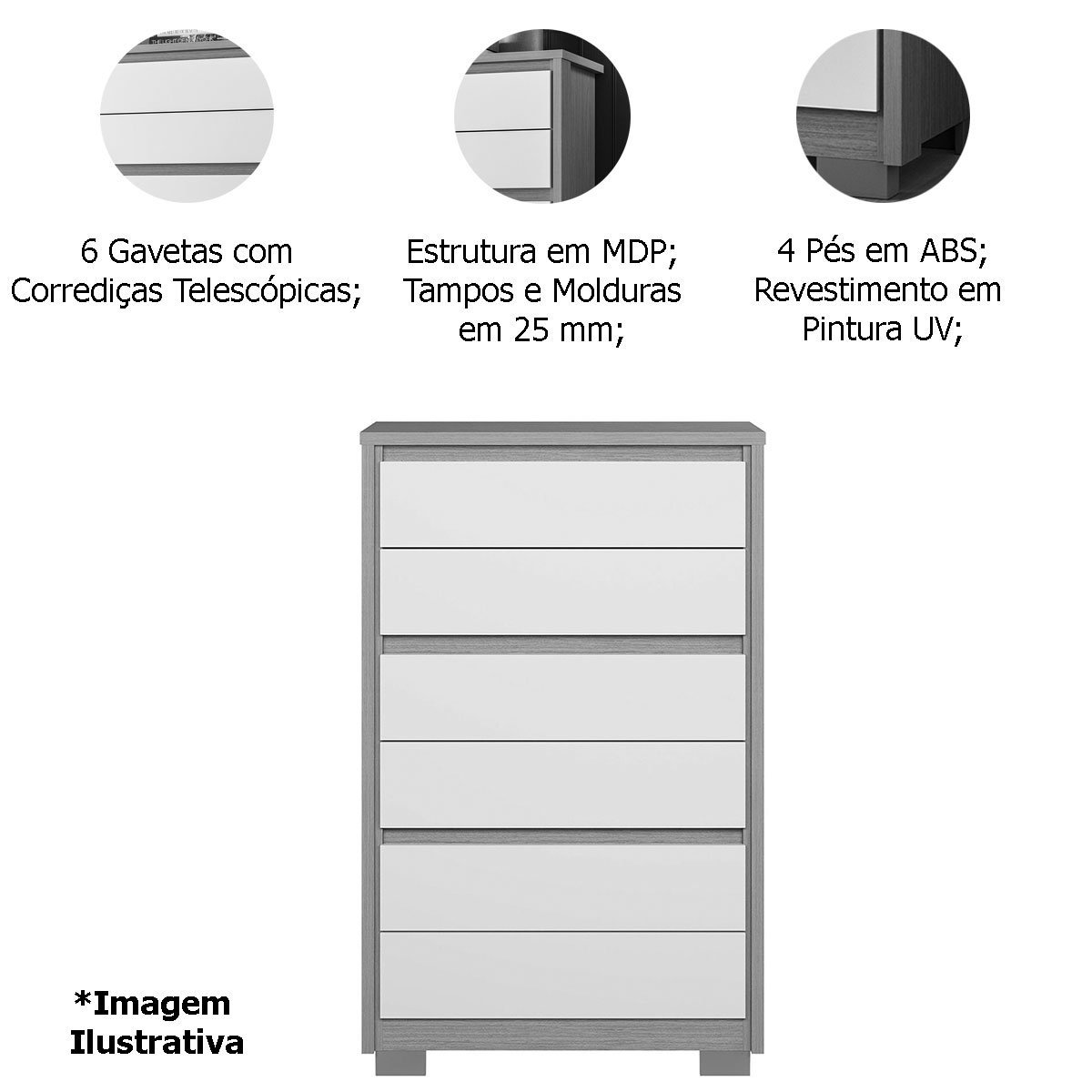 Cômoda para Quarto 6 Gavetas MDP Duo Freijo/Off White