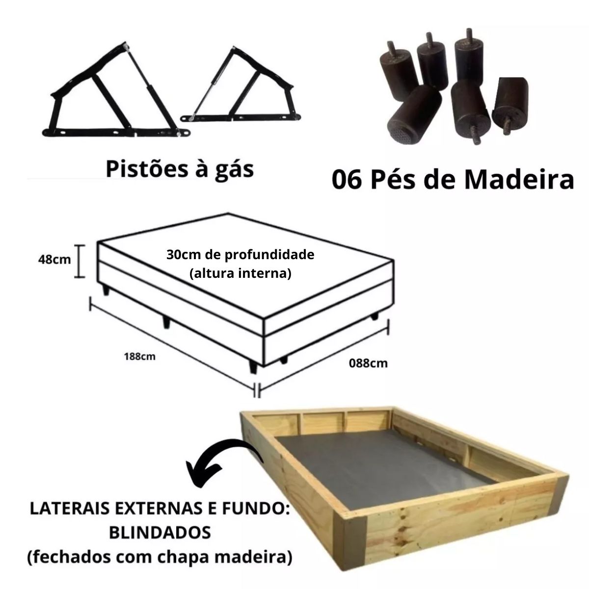 Cama Baú Solteiro 0,88 x 188 c/ 48cm de altura - Abertura Lateral