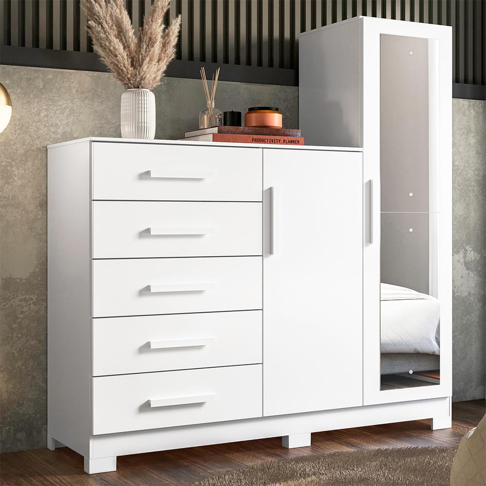 Comoda New Master Quarto Com 5 Gavetas 2 Portas e Espelho Branco