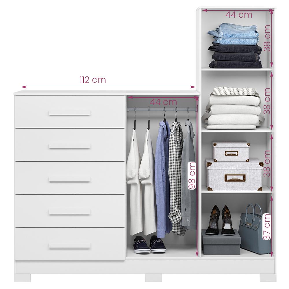 Comoda New Master Quarto Com 5 Gavetas 2 Portas e Espelho Branco