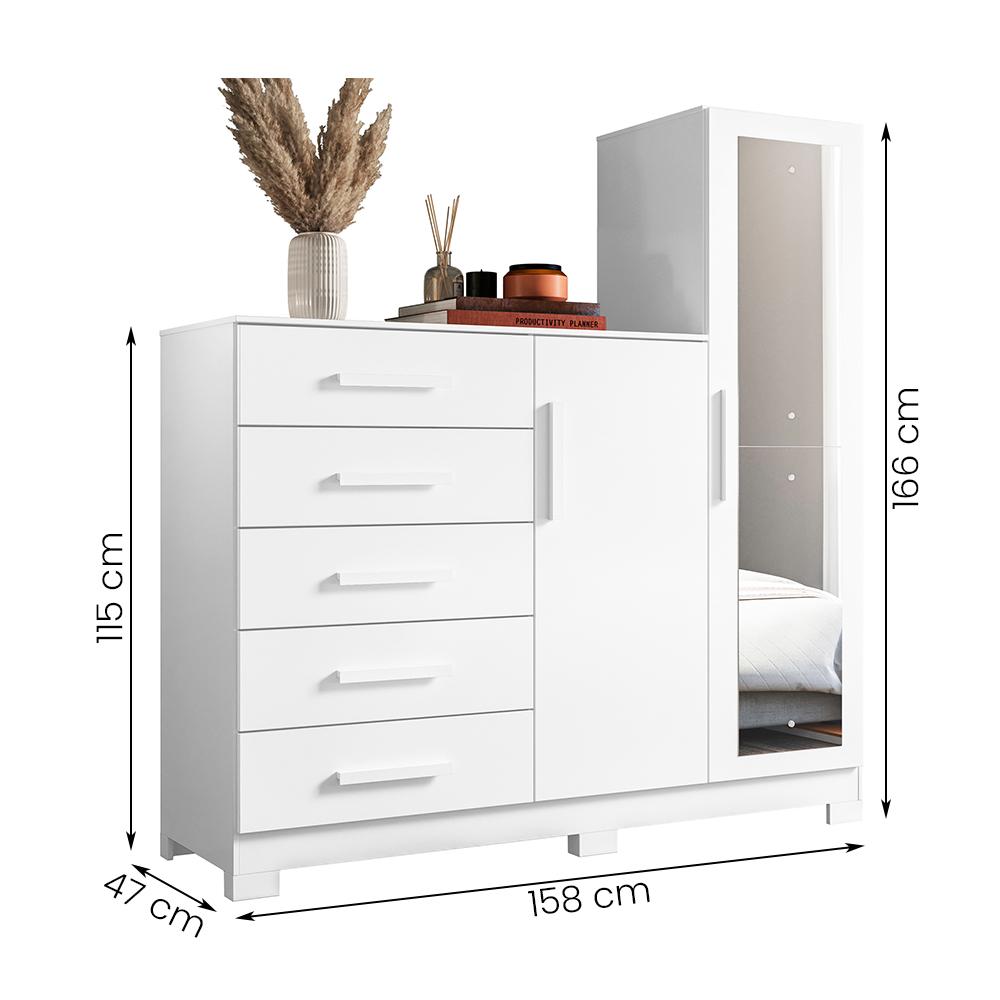 Comoda New Master Quarto Com 5 Gavetas 2 Portas e Espelho Branco
