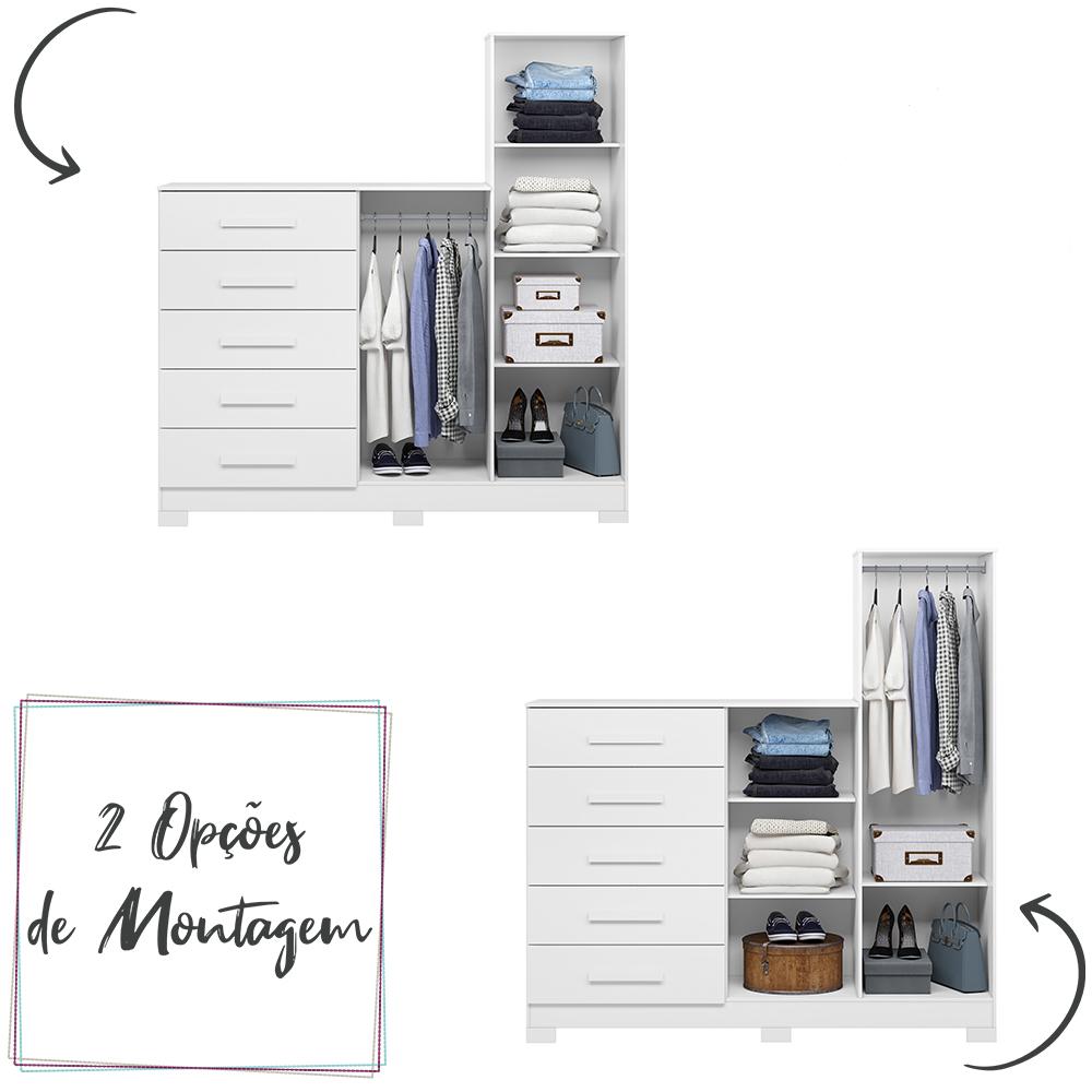Comoda New Master Quarto Com 5 Gavetas 2 Portas e Espelho Branco