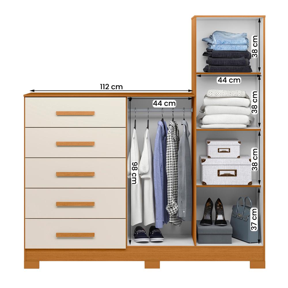 Comoda New Master Quarto Com 5 Gavetas 2 Portas e Espelho Cinamomo/Off White