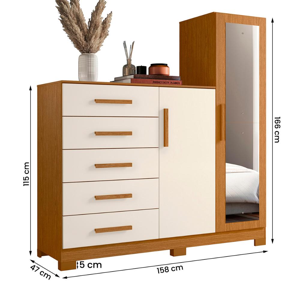 Comoda New Master Quarto Com 5 Gavetas 2 Portas e Espelho Cinamomo/Off White