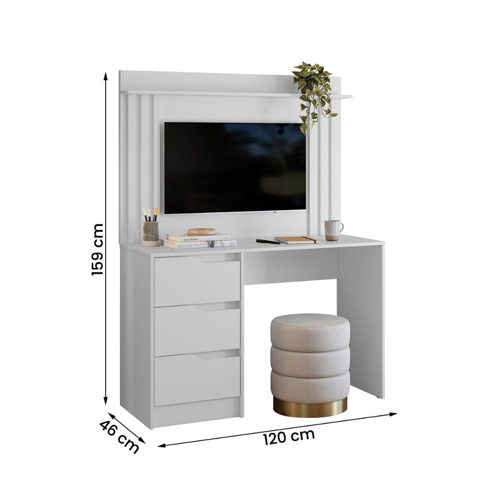 Escrivaninha com Painel Doble Ripado 120cm 3 Gavetas Branco