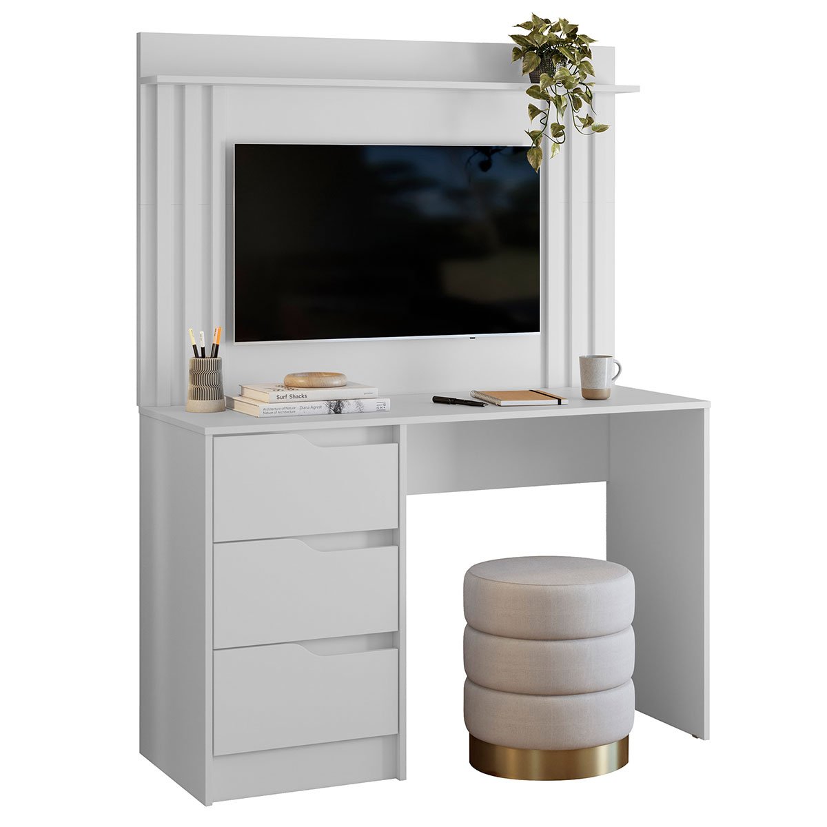 Escrivaninha com Painel até 42" Ripada 3 Gavetas Noble Branco