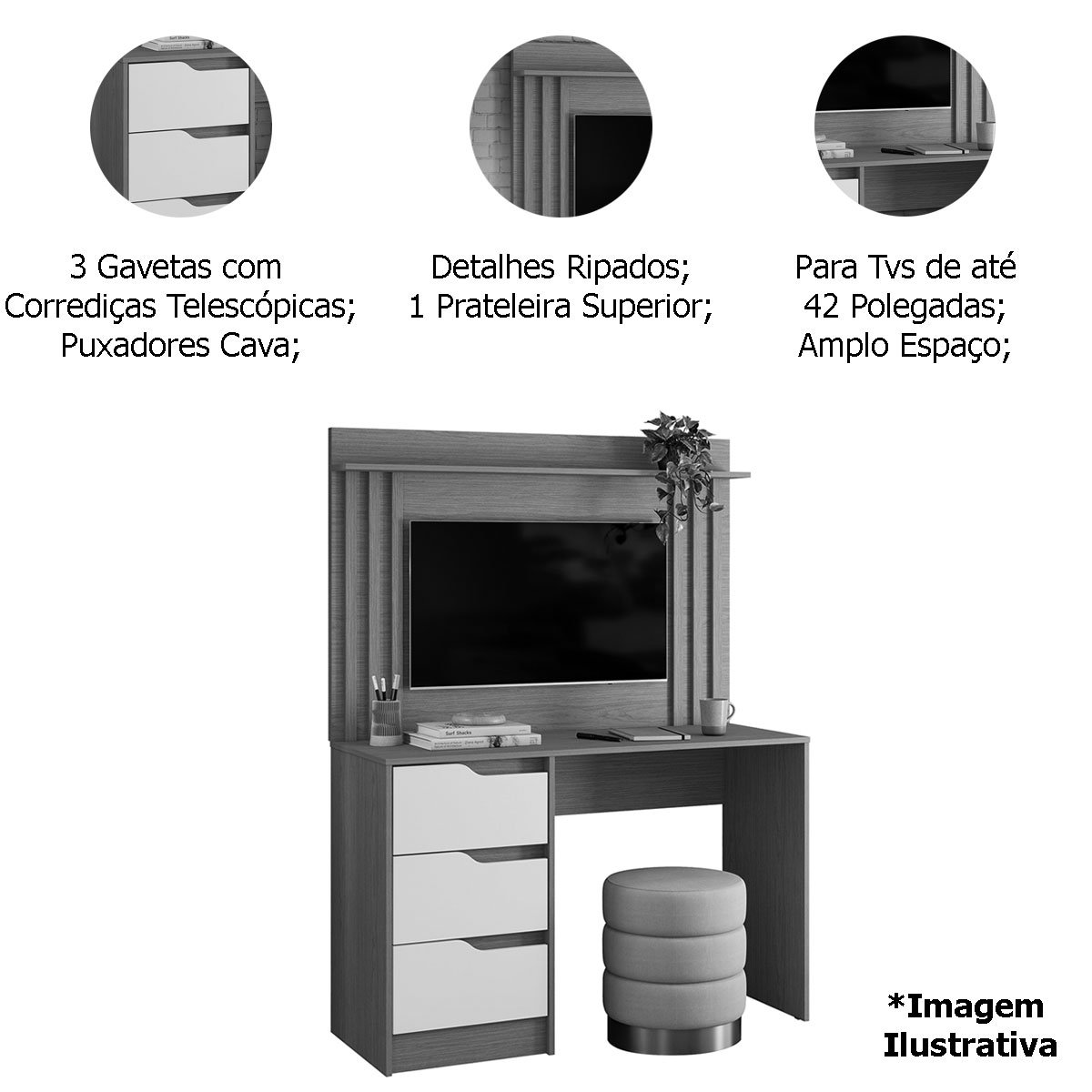 Escrivaninha com Painel até 42" Ripada 3 Gavetas Noble Branco