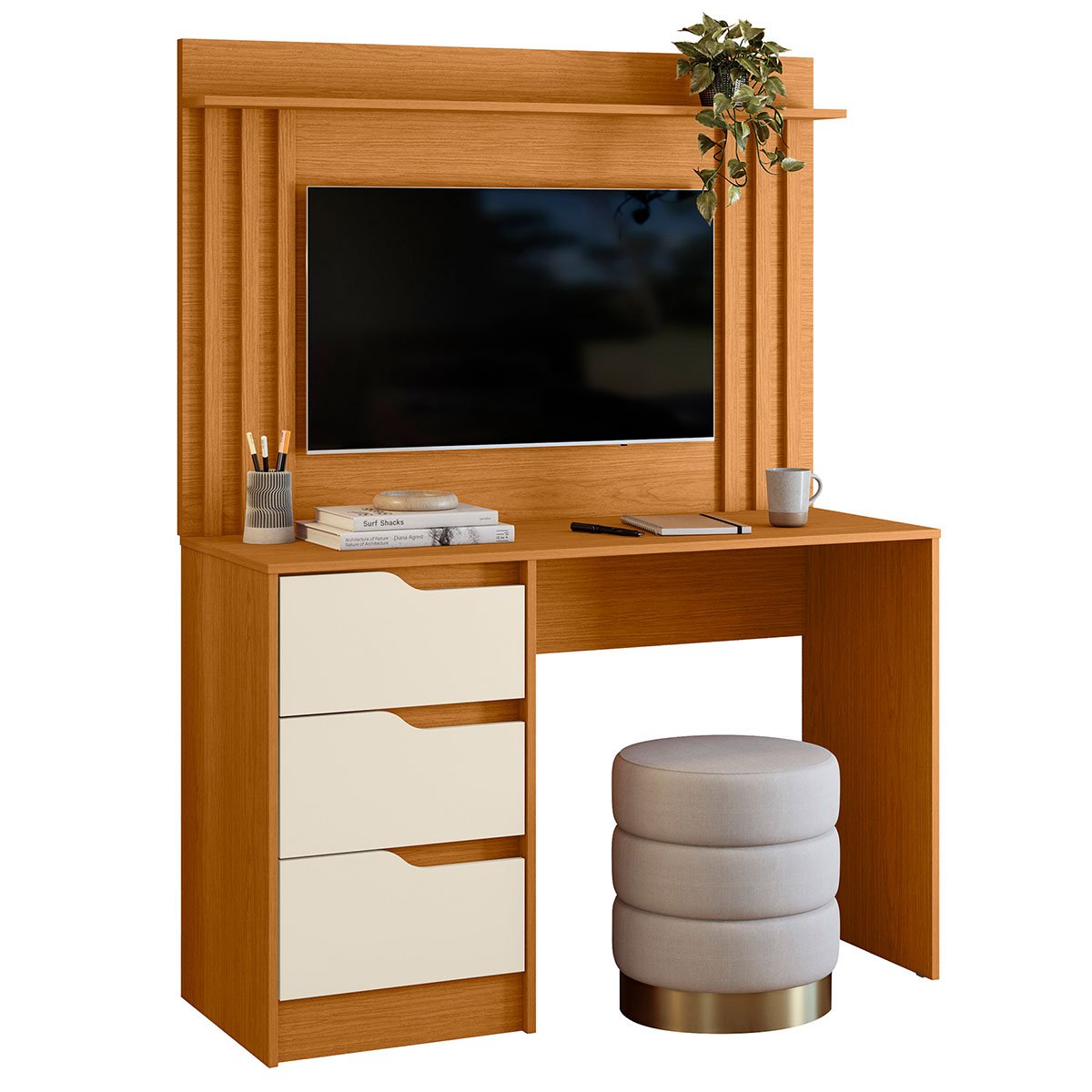 Escrivaninha com Painel até 42" Ripada 3 Gavetas Noble Cinamomo/Off White