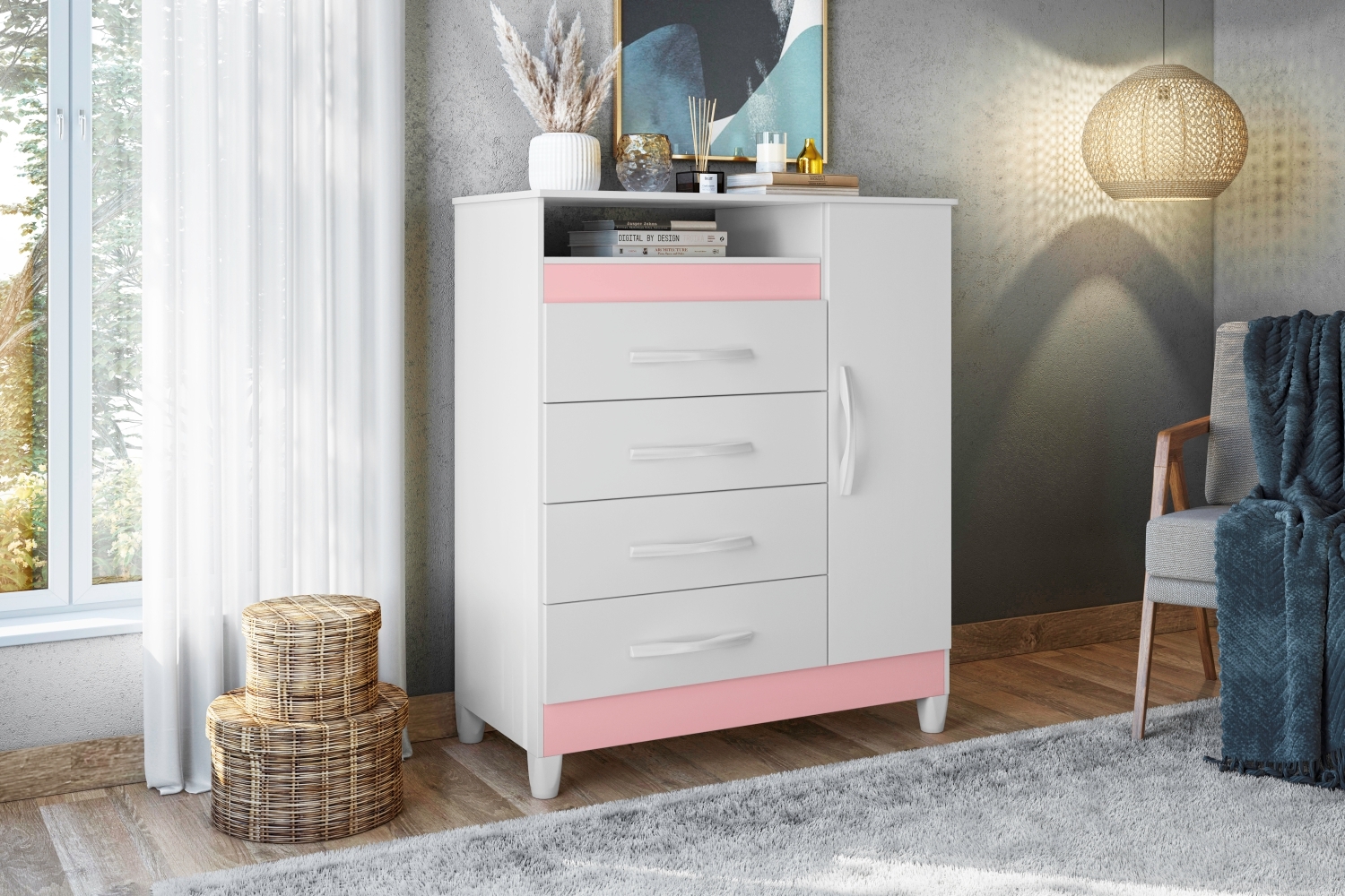 Gaveteiro Lee Branco Rosa Titanium Azul com Porta