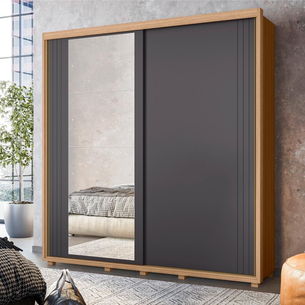 Guarda Roupa 2 Portas com Espelho Vivvare Nature/Titanium/Branco Fosco Liso