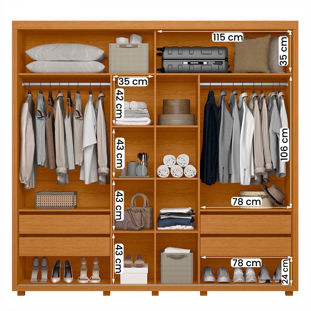Guarda Roupa Acácia 240cm 2 Portas de Correr 4 Gavetas Cinamomo/Off White/Salvia