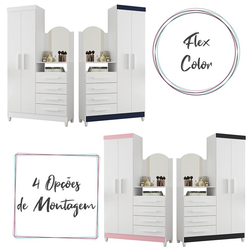 Guarda Roupa Cômoda Capri 2 Portas 4 Gavetas e Espelho Branco/Branco-Titanium-Azul-Rosa