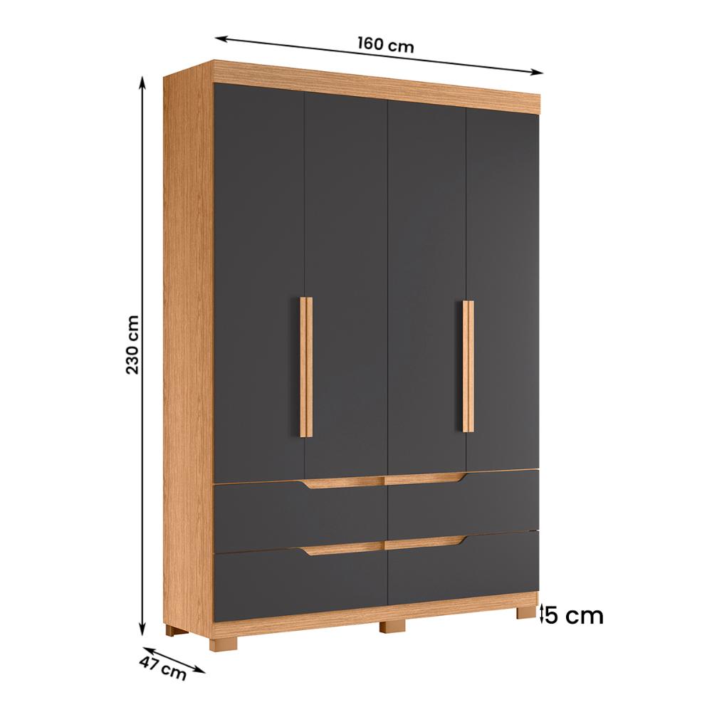 Guarda Roupa Doble Quarto Com 4 Portas e 4 Gavetas Freijo/Chumbo