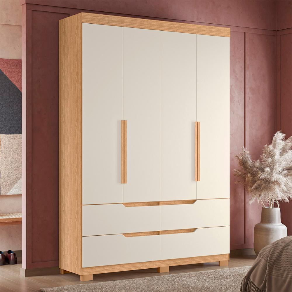 Guarda Roupa Doble Quarto Com 4 Portas e 4 Gavetas Freijo/Off White