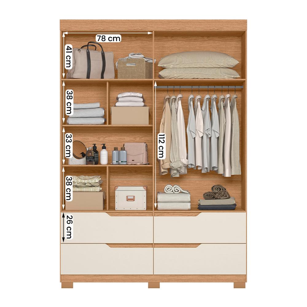 Guarda Roupa Doble Quarto Com 4 Portas e 4 Gavetas Freijo/Off White