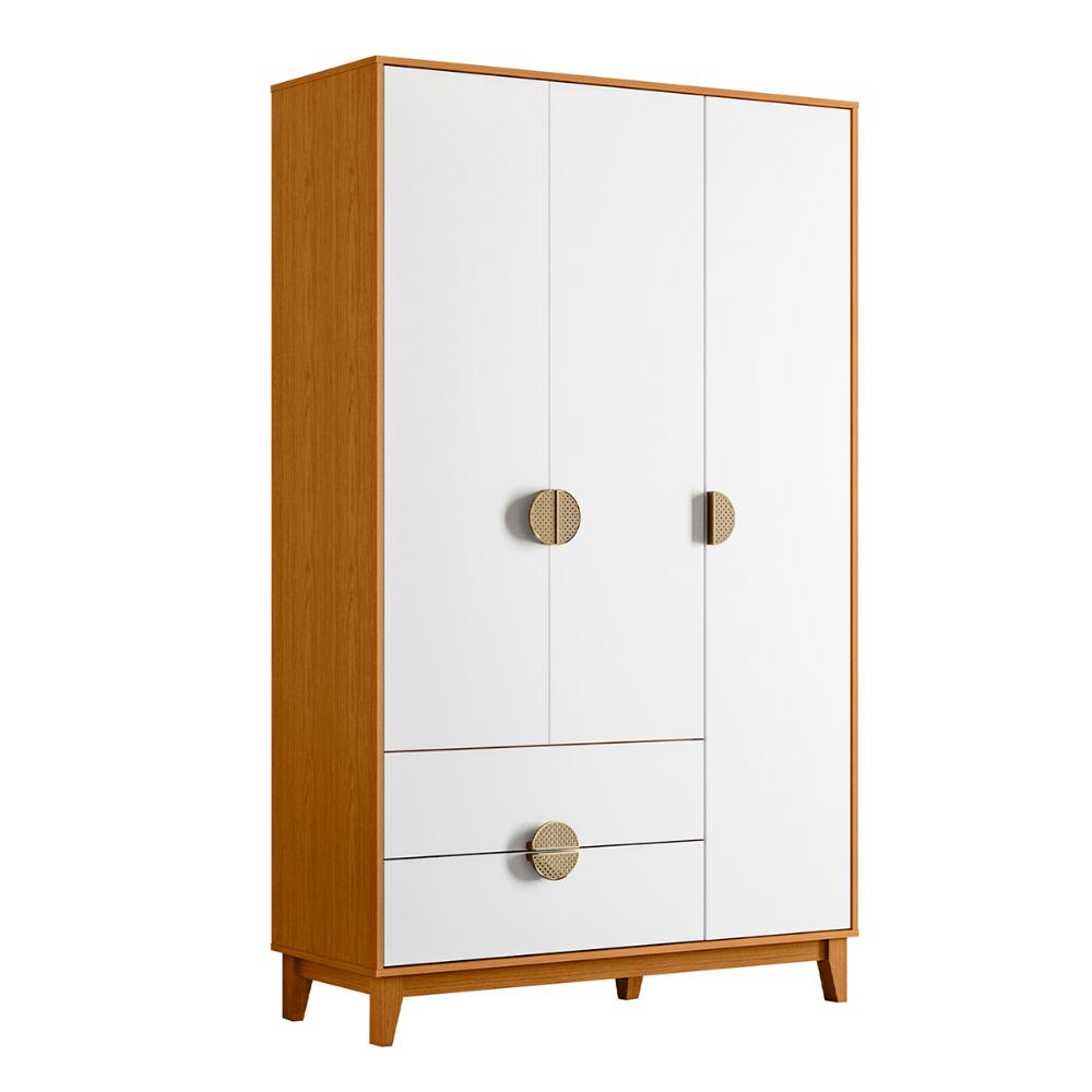 Guarda Roupa Ipê 3 Portas 2 Gavetas com Pés Madeira Maciça Cinamomo/Branco