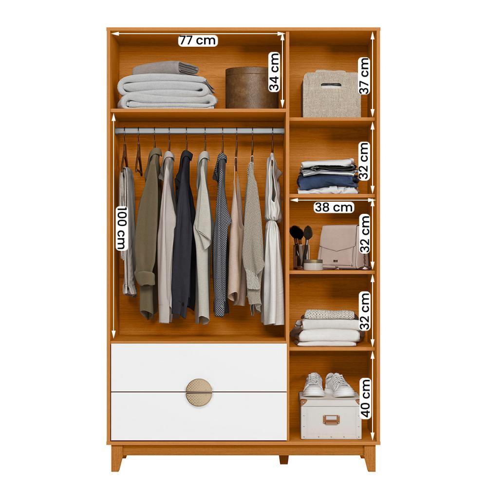 Guarda Roupa Ipê 3 Portas 2 Gavetas com Pés Madeira Maciça Cinamomo/Branco