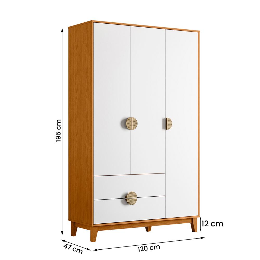 Guarda Roupa Ipê 3 Portas 2 Gavetas com Pés Madeira Maciça Cinamomo/Branco