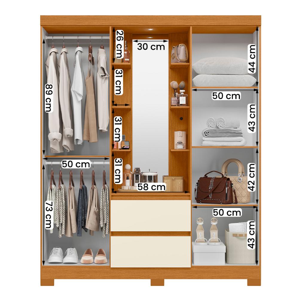 Guarda Roupa Olimpia 163cm 4 Portas Espelho LED 2 Gavetas Cinamomo/Off White