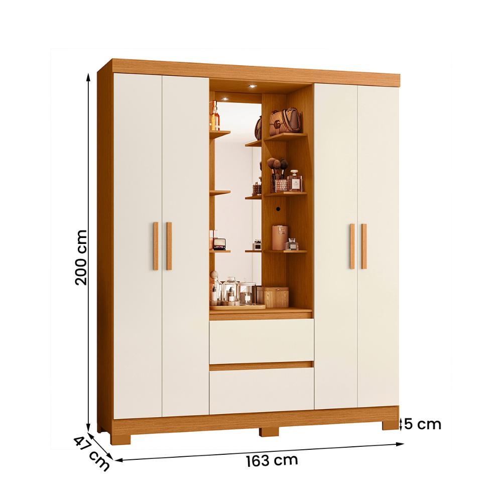Guarda Roupa Olimpia 163cm 4 Portas Espelho LED 2 Gavetas Cinamomo/Off White