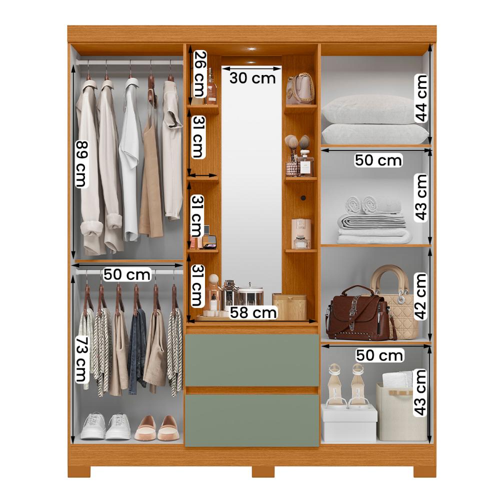 Guarda Roupa Olimpia 163cm 4 Portas Espelho LED 2 Gavetas Cinamomo/Salvia